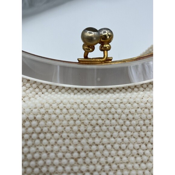 Vintage White Beaded Seed Pearl Pink Floral Purse Kiss Lock &‎ Lucite Trim Top - Picture 3 of 13